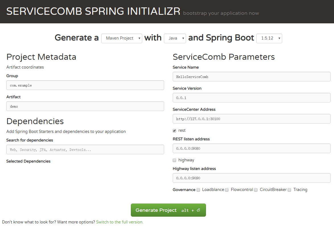 SERVICECOMB SPRING INITIALIZR截图